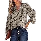 Dokotoo Women's Casual V Neck Alicia Floral Print Smocked Long Sleeve Chiffon Blouses Bohemian Top Shirts
