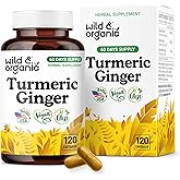 Wild & Organic Turmeric and Ginger Supplement Capsules - Mobility & Immune Support - Ginger Turmeric Capsules with Black Pepper - 60 Days of Supply - Vegan, No Fillers, Non-GMO - 120 Count