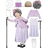 Luces 100 Days of School Costume for Kids, Old Lady Dress Up for Girls, 100th Day School Granny Wig Accessories Outfit
