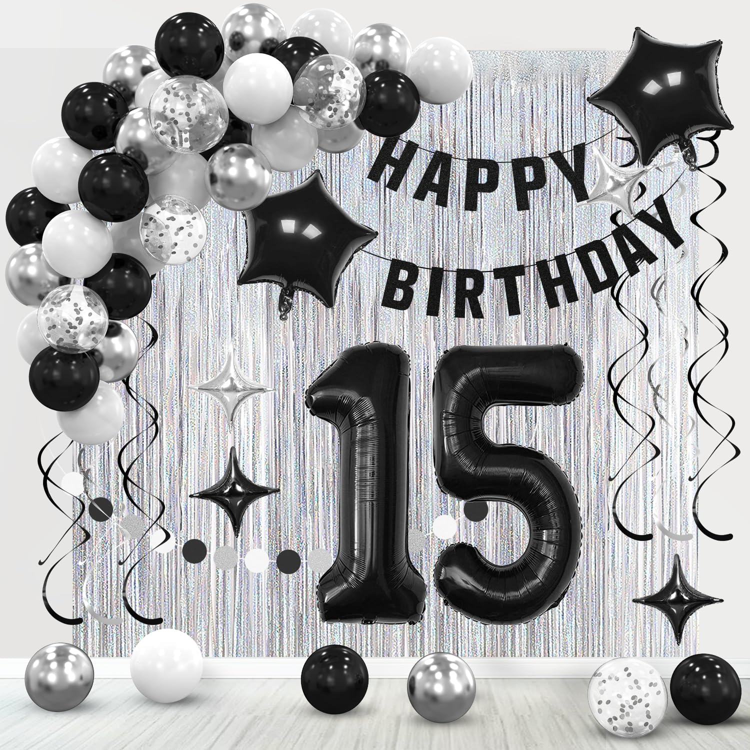 Photo 1 of 15th Birthday Decorations for Boys Girls, Silvery and Black Happy 15th Birthday Banner,Number 15 Balloons Arch Kit for 15 year old Birthday Party Decorations