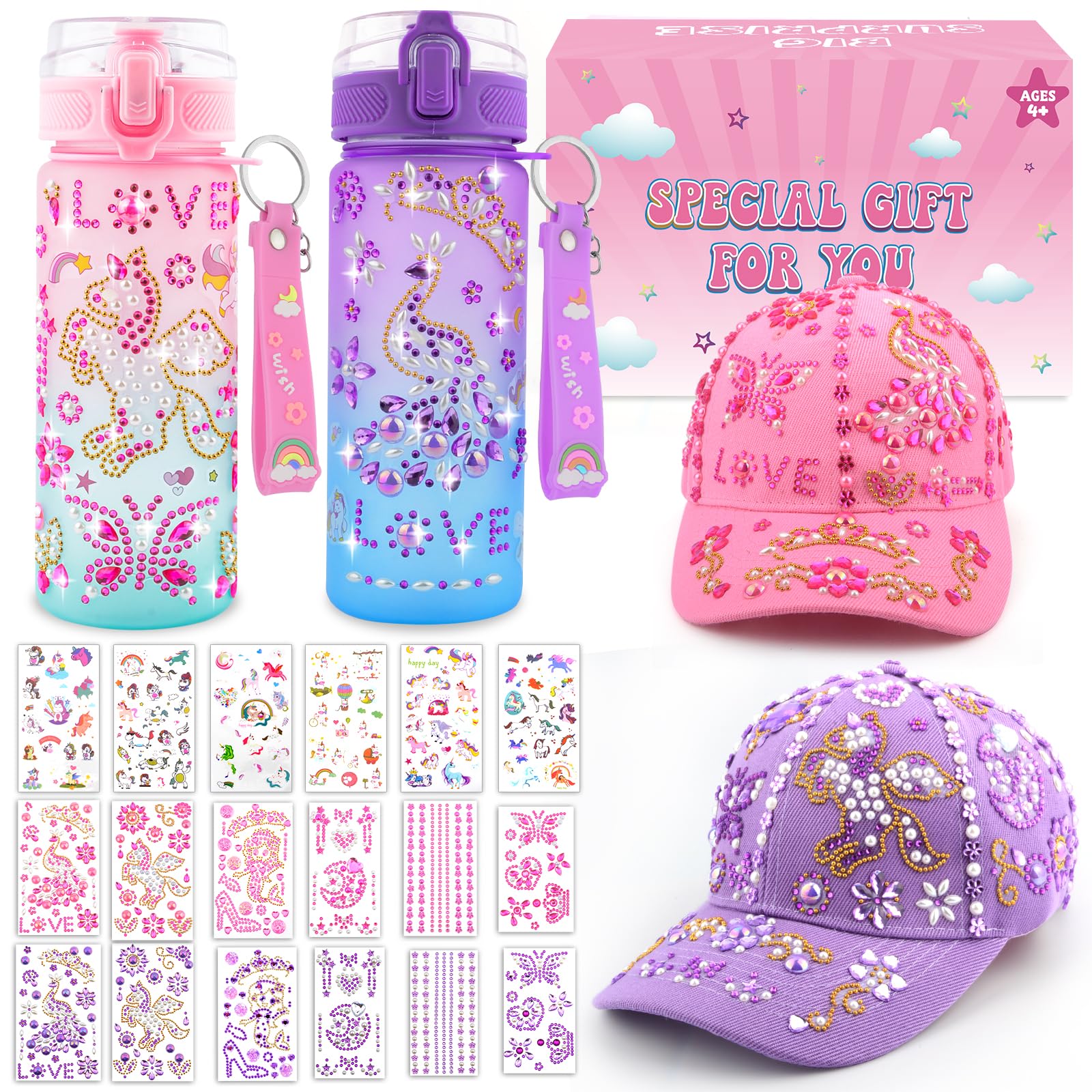 Gifts for 5 6 7 8 9 10 11 Year Old Girls, Easter Gifts for Girls Birthday Presents, Decorate Your Own Water Bottle Kids and Baseball Cap Toys for Girl Arts and Crafts for Kids Age 4-12 DIY Stickers