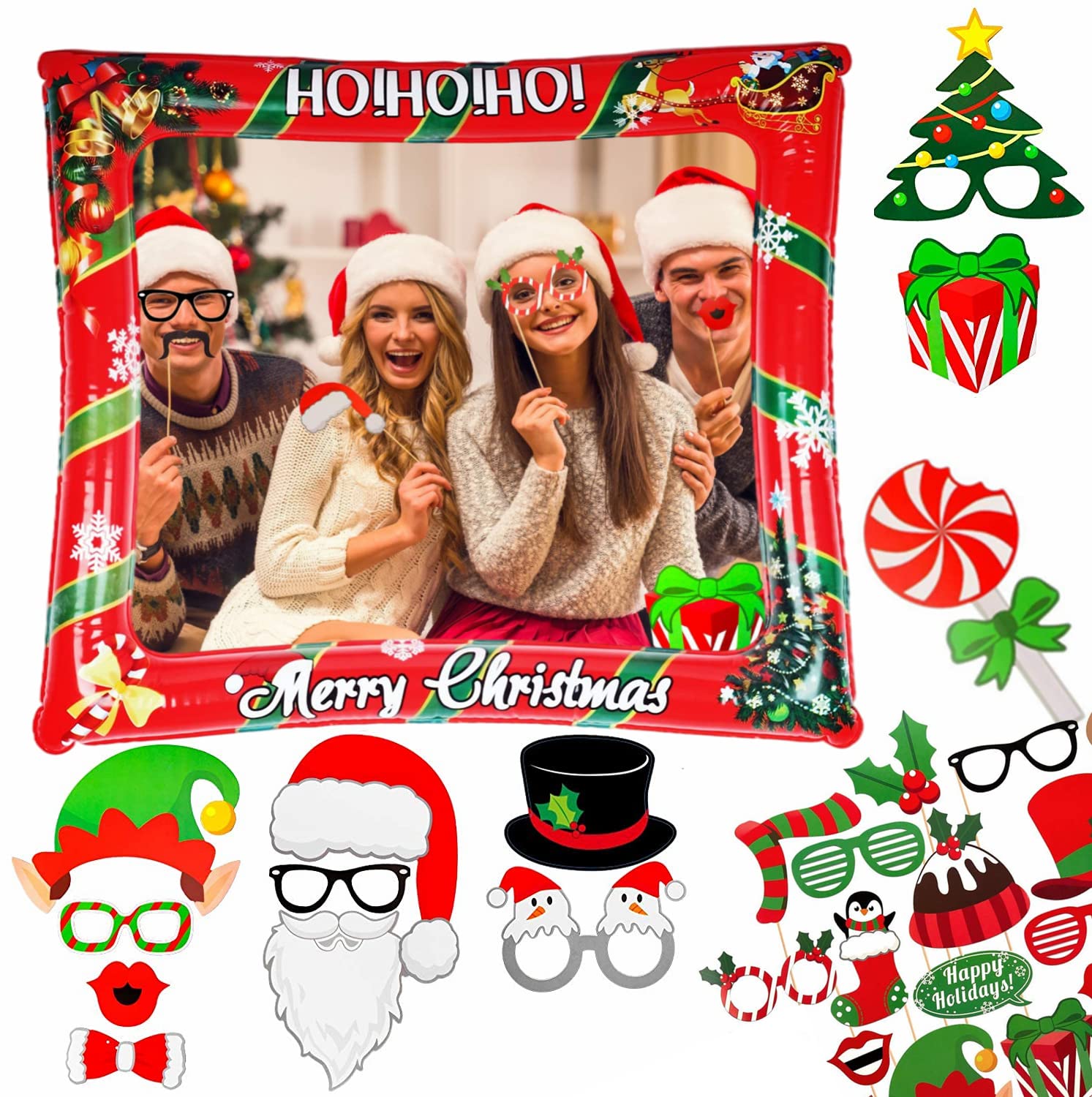 Christmas Inflatable Photo Booth with 32Pcs Photo Booth Props Selfie Picture Frame for Christmas Family Party,Giant Props Frame Celebration Blow Up Party Prop,Xmas Partys Game Accessories Supply