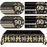 Juhap 41Pcs 90th Birthday Decorations for Men Women, Black Gold 90 Year Old Birthday Party Supplies Include 20 Plates 20 Napkins and 1 Tablecloth, Black Gold 90 Aged Birth Party Tableware