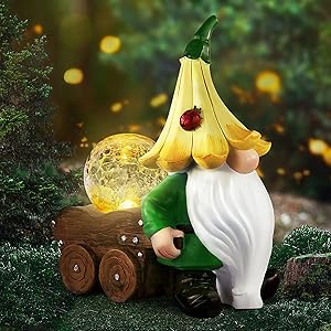 Grovind Garden Gnome Statue, Outdoor Gnomes Figurines with Trolley & Crackle Glass Lights, Solar Statues LED Lights Garden Decorations for Home Yard Patio Lawn Ornament Housewarming Gift - Green