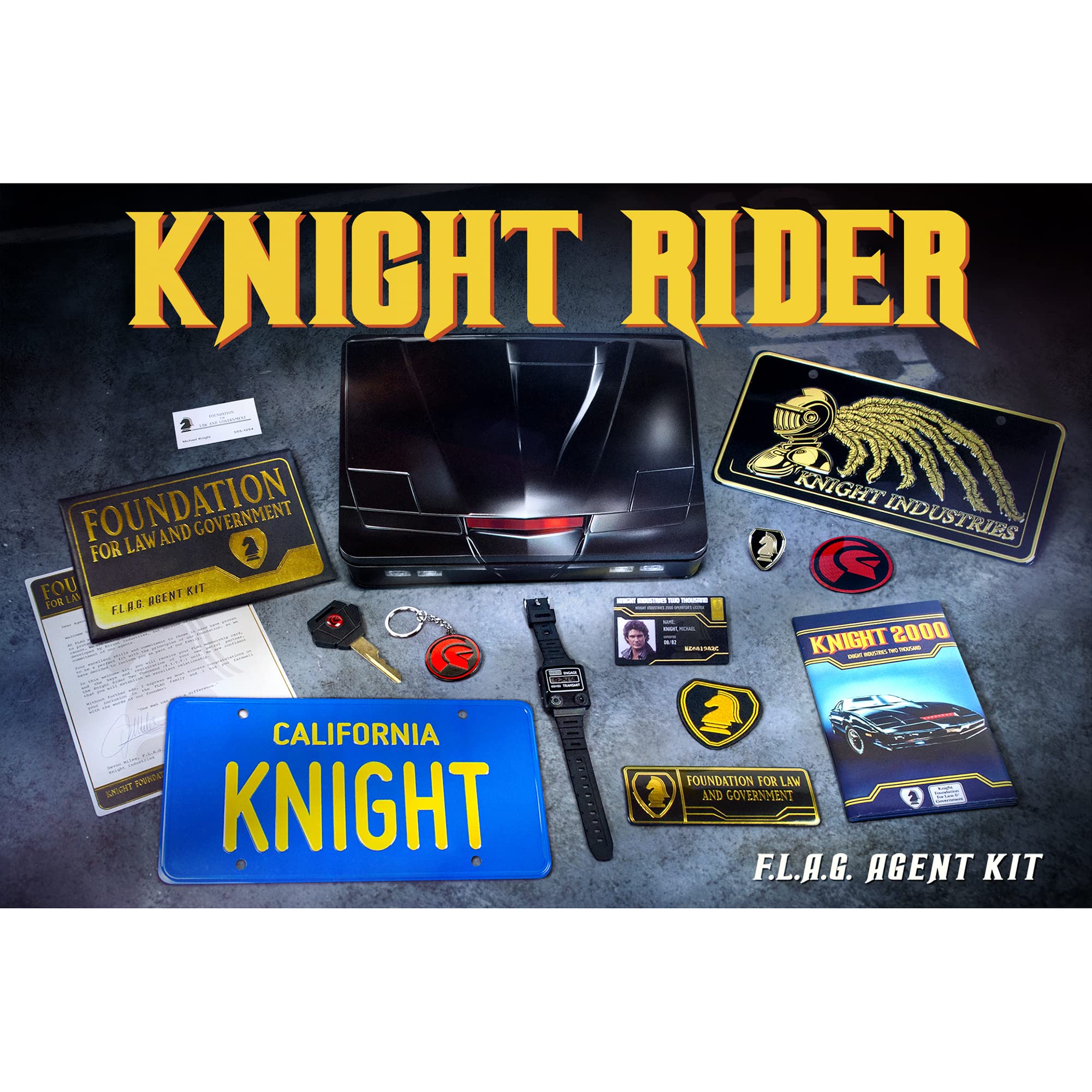 Doctor Collector Knight Rider F.L.A.G. Agent Kit, Official Collector's Edition with license plate, watch, and iconic accessories in a metal box