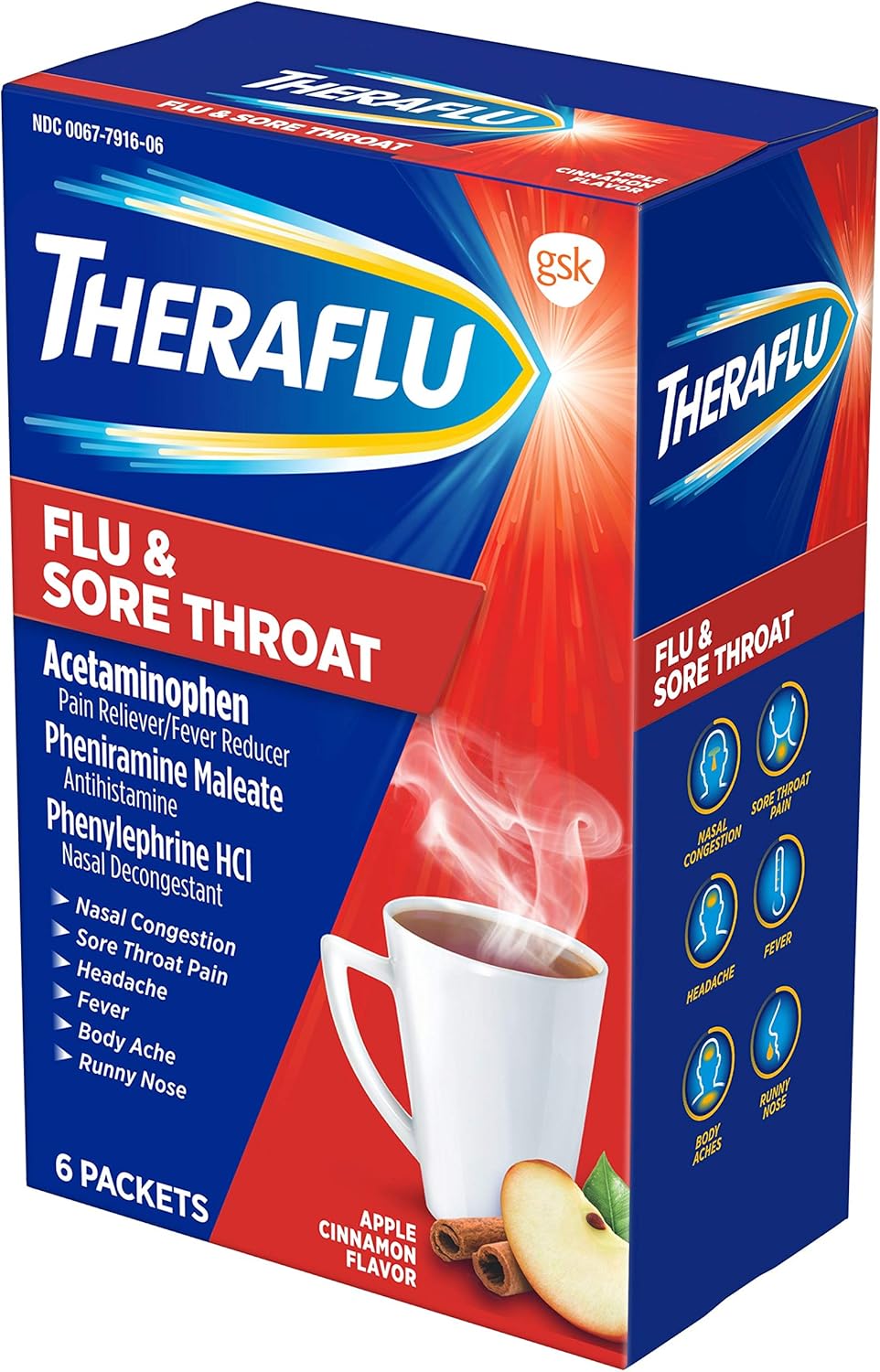 Theraflu Cold and Flu Medicine for Adults and Children 12+, Multisymptom Flu and Sore Throat Relief Powder Packets, Apple Cinnamon Flavor - 6 Count: Health & Personal Care