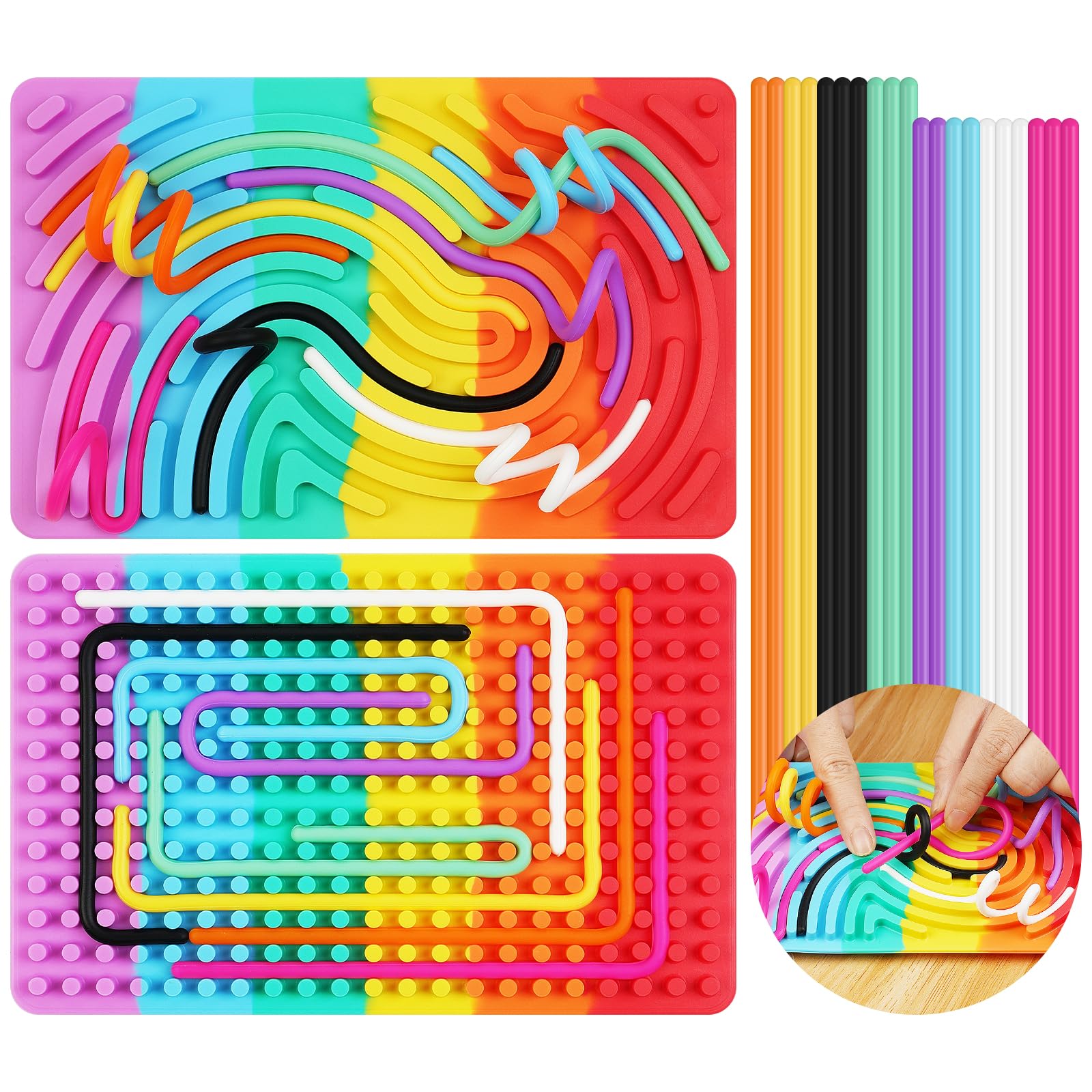 AUAUY Sensory Activity Board for Stress Relief, Silicone Calm Down Fidget Toy, Double-sided Design Sensory Board with Portable Bag & 20 Strings, for Kids 3+ & Adults Travel Calming & Autism, Colorful