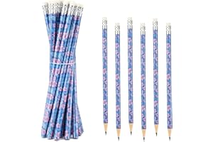 20pcs Cartoon Blue Pencils with Floral & Leaf Prints, Hawaiian Themed Wooden Pencils with Eraser Hawaii Themed Party Supplies