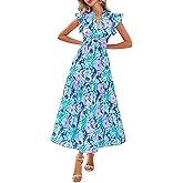 PRETTYGARDEN Women's 2026 Summer Floral Midi Dress Cap Sleeve V Neck Ruffle Long Flowy Boho Casual Beach Vacation Dresses