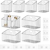 8 Pack Clear Wall Mounted Storage Bins, Acrylic Cabinet Door Organizer Baskets, Bathroom Wall Storage Organizer with Drain Hole, Adhesive Hanging Bins for Fridge Kitchen, BPA Free