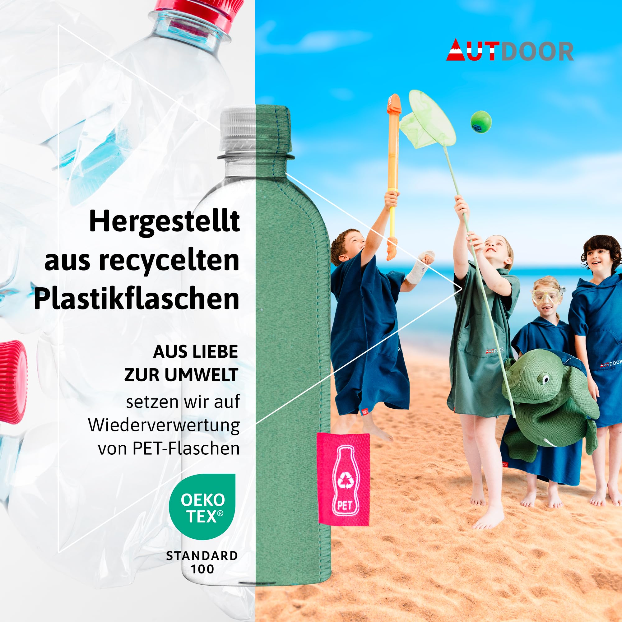 AUTDOOR® Mikrofaser Badeponcho Damen & Herren - nachhaltig aus 100% recycelten PET-Flaschen - Handtuch als Umziehhilfe für Strand und Wassersport - schnelltrocknend & kompakt (Grün, Kids) 7