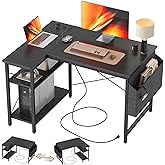 TIQLAB Small L Shaped Desk with Power Outlets - 40 inch Gaming Corner Computer Desk Writing Table, Reversible Large Storage Shelves, Bookshelf Workstation for Study Play Work Home Office, Black