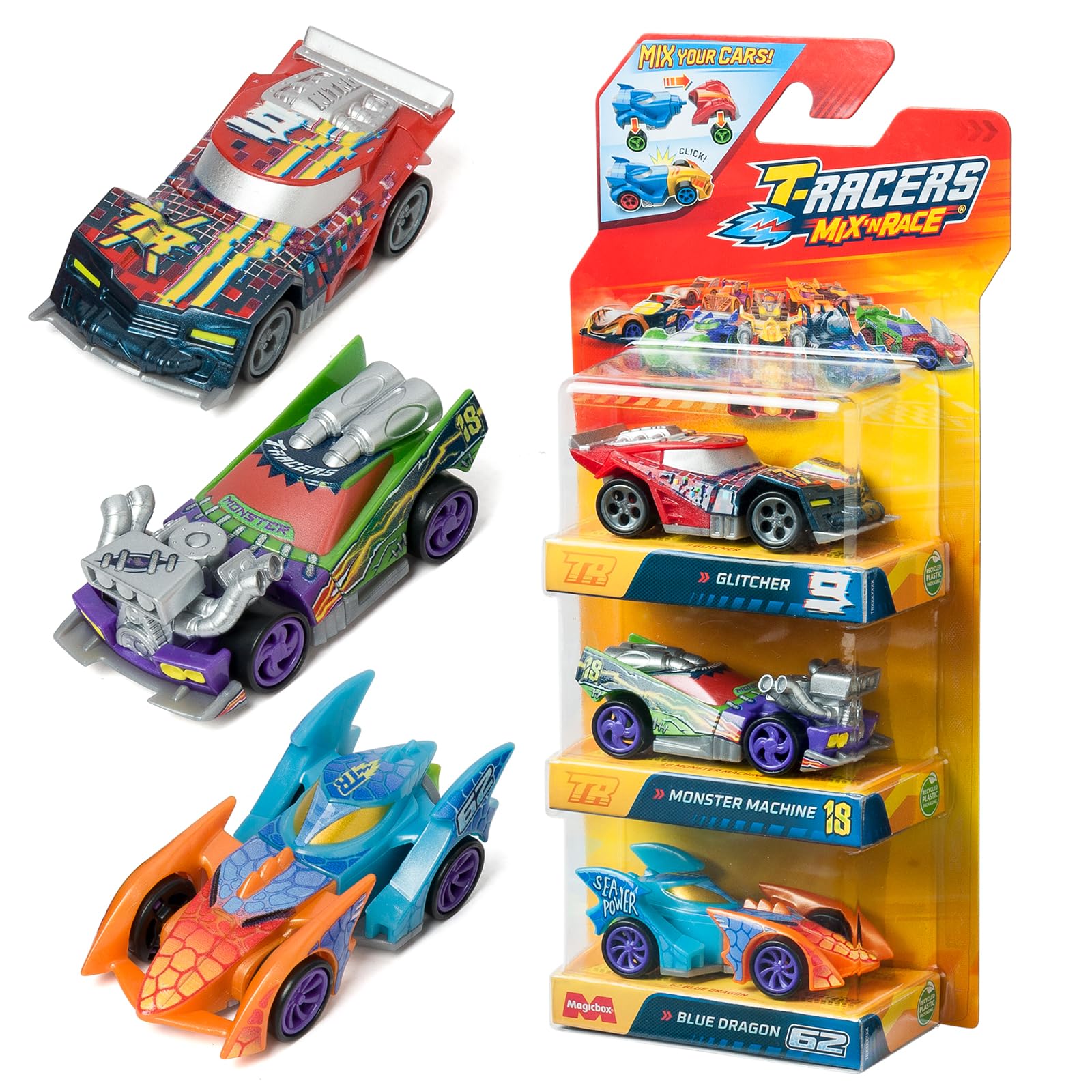 T-RACERS Mix ´N RACE 3 Pack – Pack of 3 collectible cars. Each car can be split in two with interchangeable parts and wheels. Pack 3/12