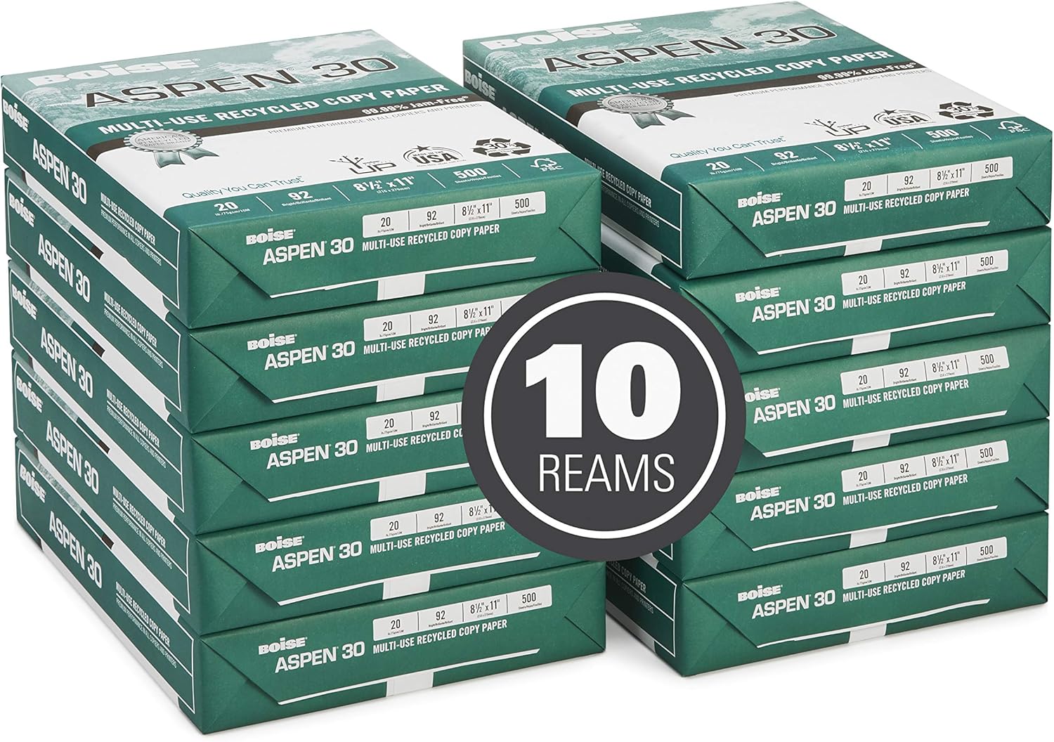 BOISE ASPEN 30% Recycled Multi-Use Copy Paper, 11" x 17", Ledger, 92 Bright, 20 lb, Ledger, 5 Ream Carton (2500 Sheets) : Multipurpose Paper : Office Products