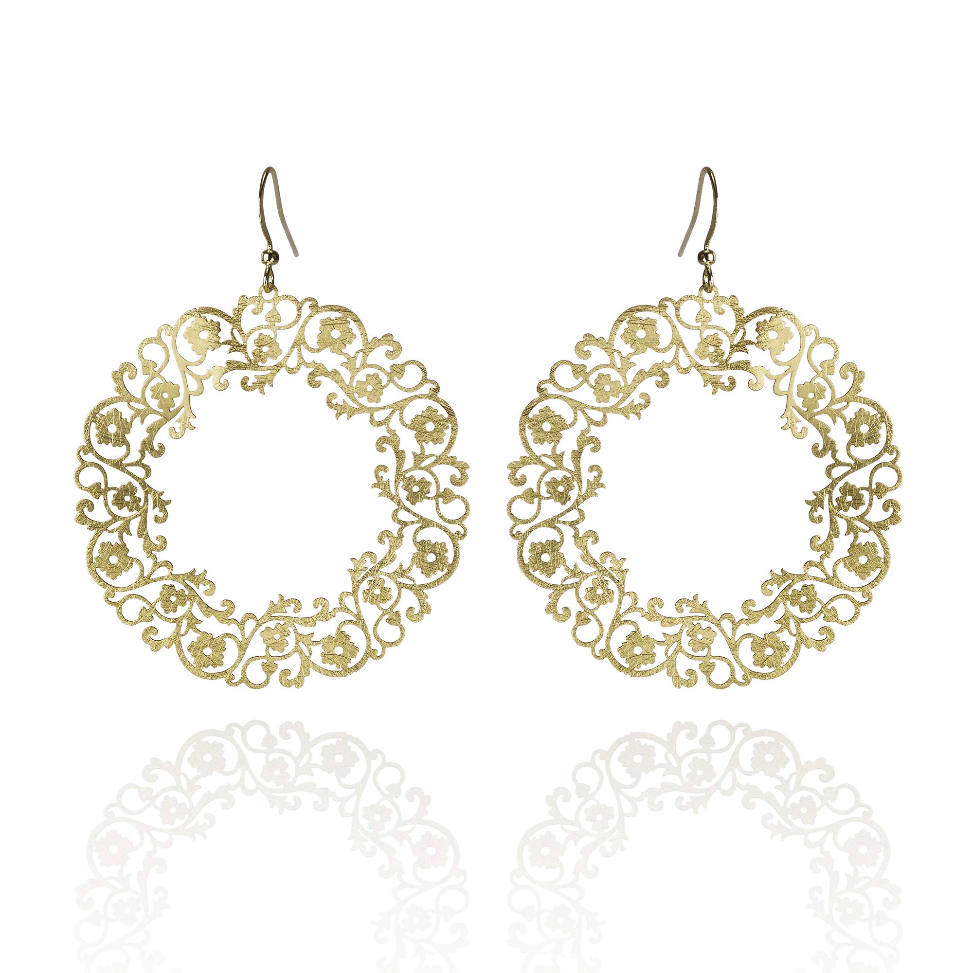 Namana Large Flower Earrings for Women and Teen Girls, Brushed Finish Detailed Round Floral Earrings, Big Gold Statement Earrings for Women and Teenage Girls, Gold Dangle Earrings for ladies