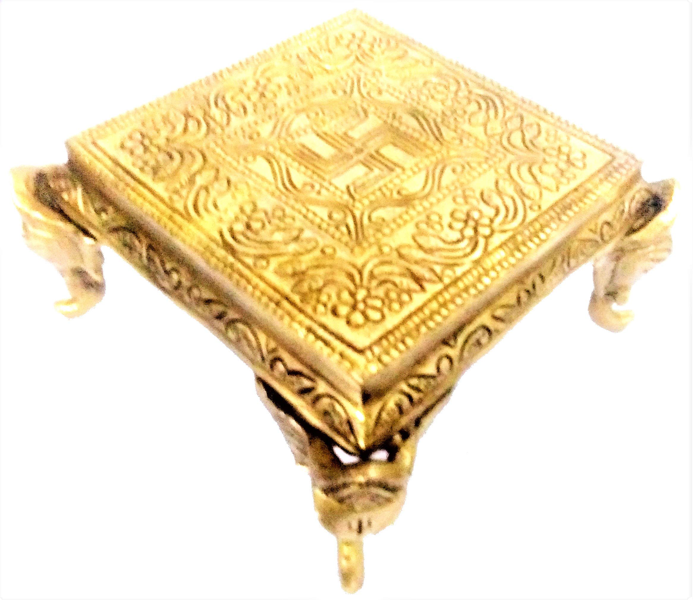 Purpledip Brass Platform Chowki with Elephant Legs: Square Plinth for Statue, Idol, Vase or Artifacts (11950)