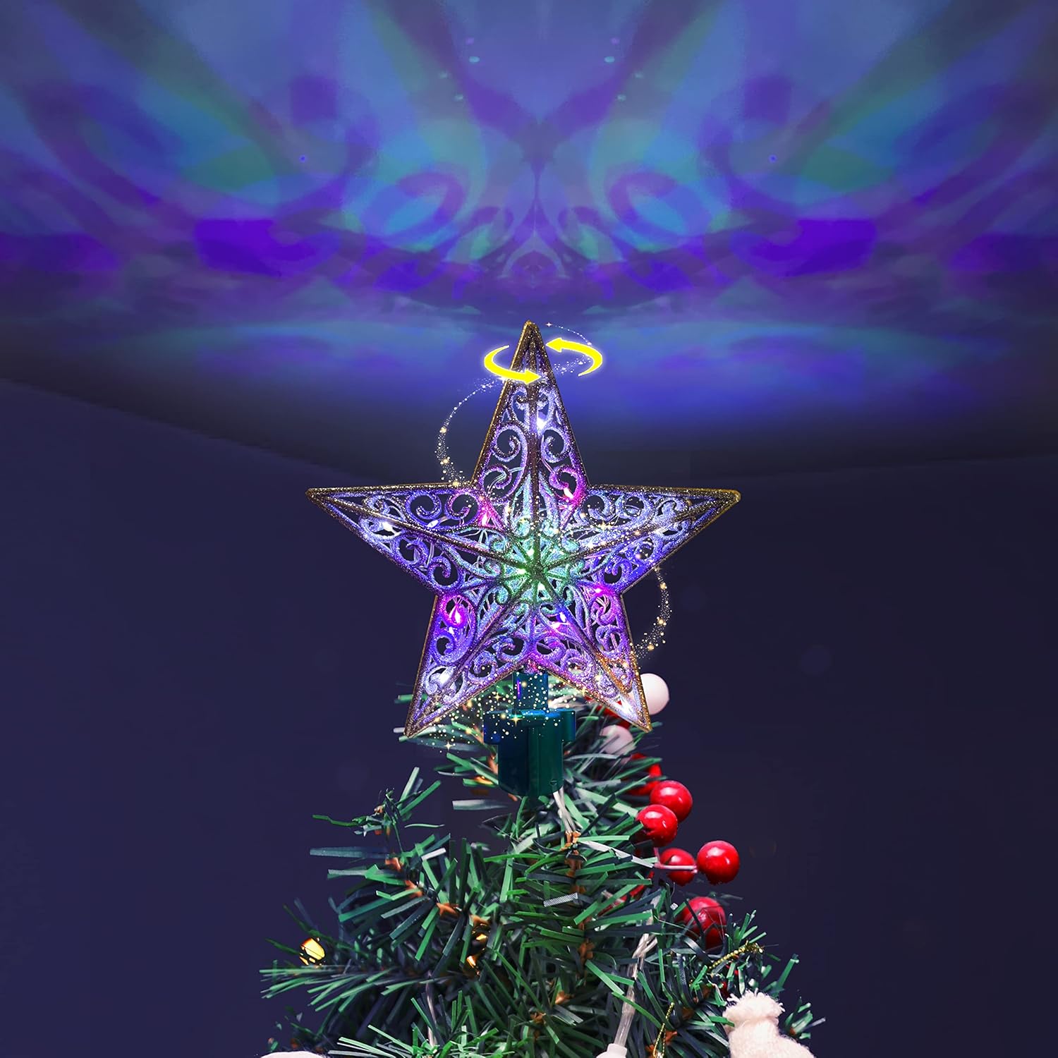 Tree Toppers - Rotating Christmas Tree Topper Star with 20 LED Multicolor Lights Star Topper for Christmas Tree Decorations (Silver)