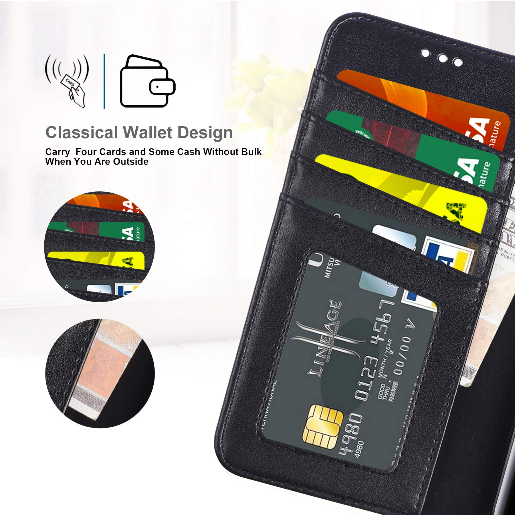 Galaxy S9 Case, Arae [Kickstand Feature] PU leather wallet case with [3-slots] ID&Credit Cards Pocket for Samsung Galaxy S9 - black