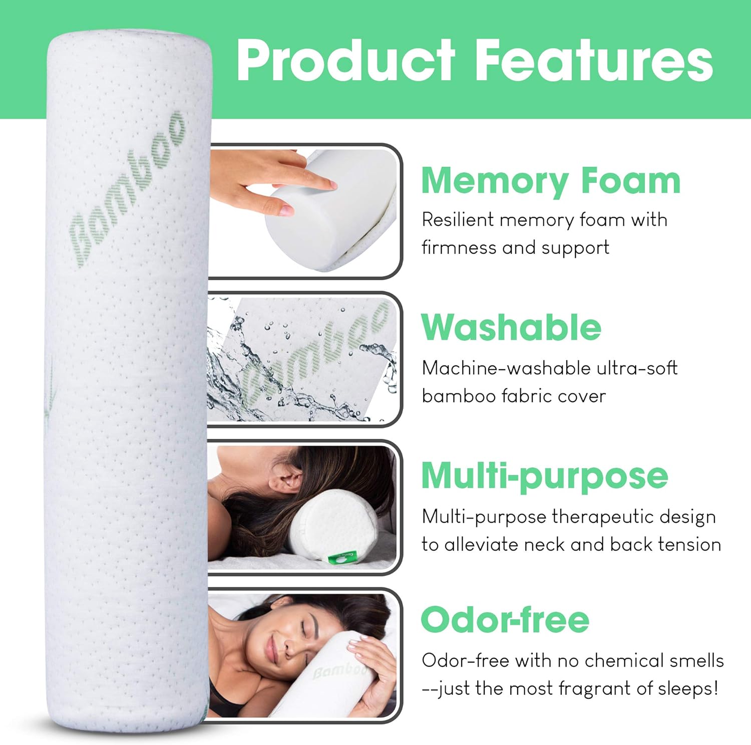 Cushy Form Neck Roll Pillow for Sleeping- Cylinder Round Cushion for Cervical Support - Memory Foam Bolster for Neck, Spine, Lumbar Traction, Spondylosis Pain Relief with Washable Bamboo Cover: Home & Kitchen