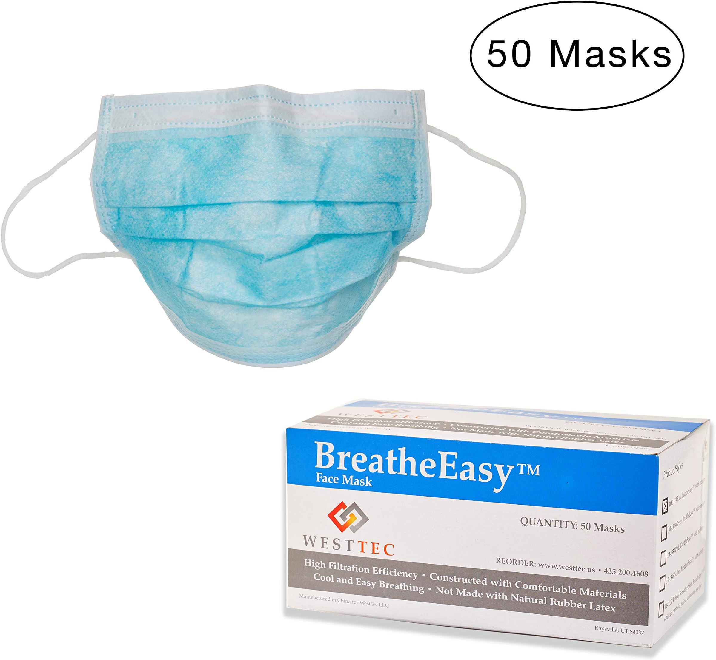 Disposable Face Masks- FDA Certified [21 CFR 878.4040] - with Elastic Ear Loop 3 Ply Breathable and Comfortable (50 Masks)