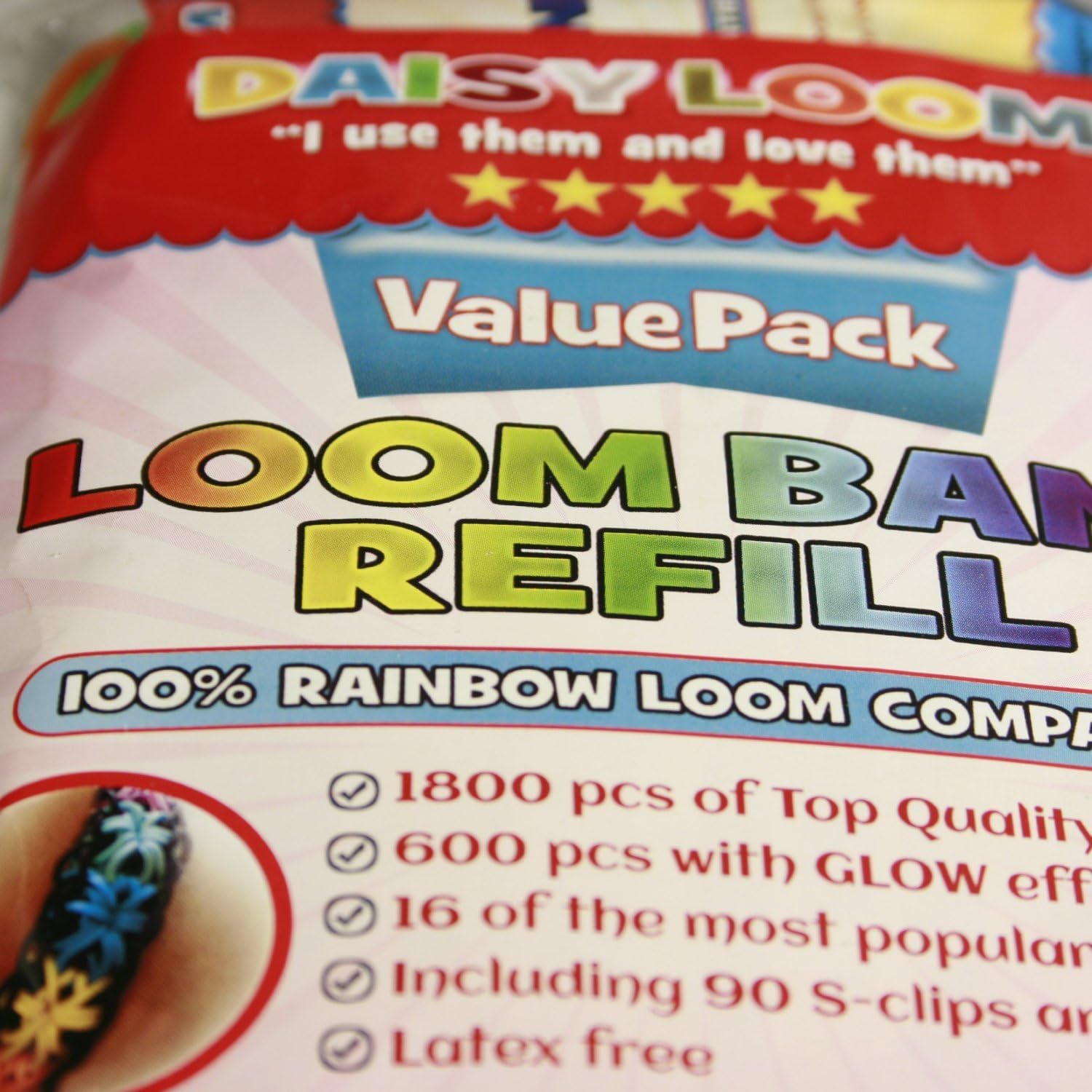 Daisy Loom Refill Value Pack ★ 1800 Latex, Lead & Phthalates Free Silicone Bands ★ 5 Free Charms ★ Fruity Scent ★ 3 Hooks ★ Special Glow in the Dark Bands ★ 14 Rainbow Colors ★ 100 % Compatible with All Other Rubber Band Looms