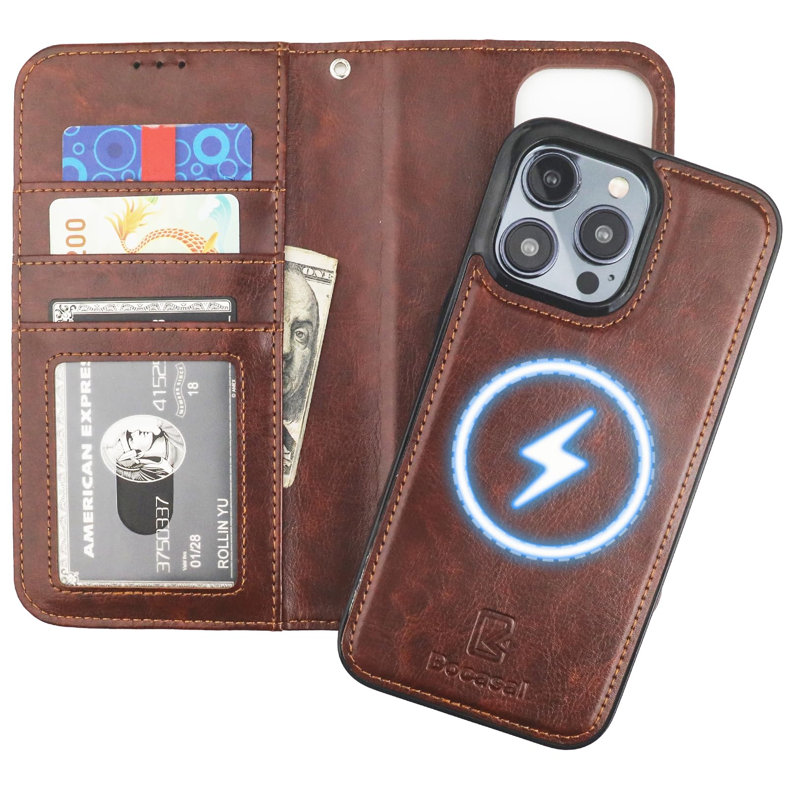 Bocasal for iPhone 15 Pro Max Wallet Case Compatible with MagSafe Wireless Charging, RFID Blocking Magnetic Leather Case with Card Slots Holder Kickstand Detachable Wrist Strap 6.7 Inch (Brown)