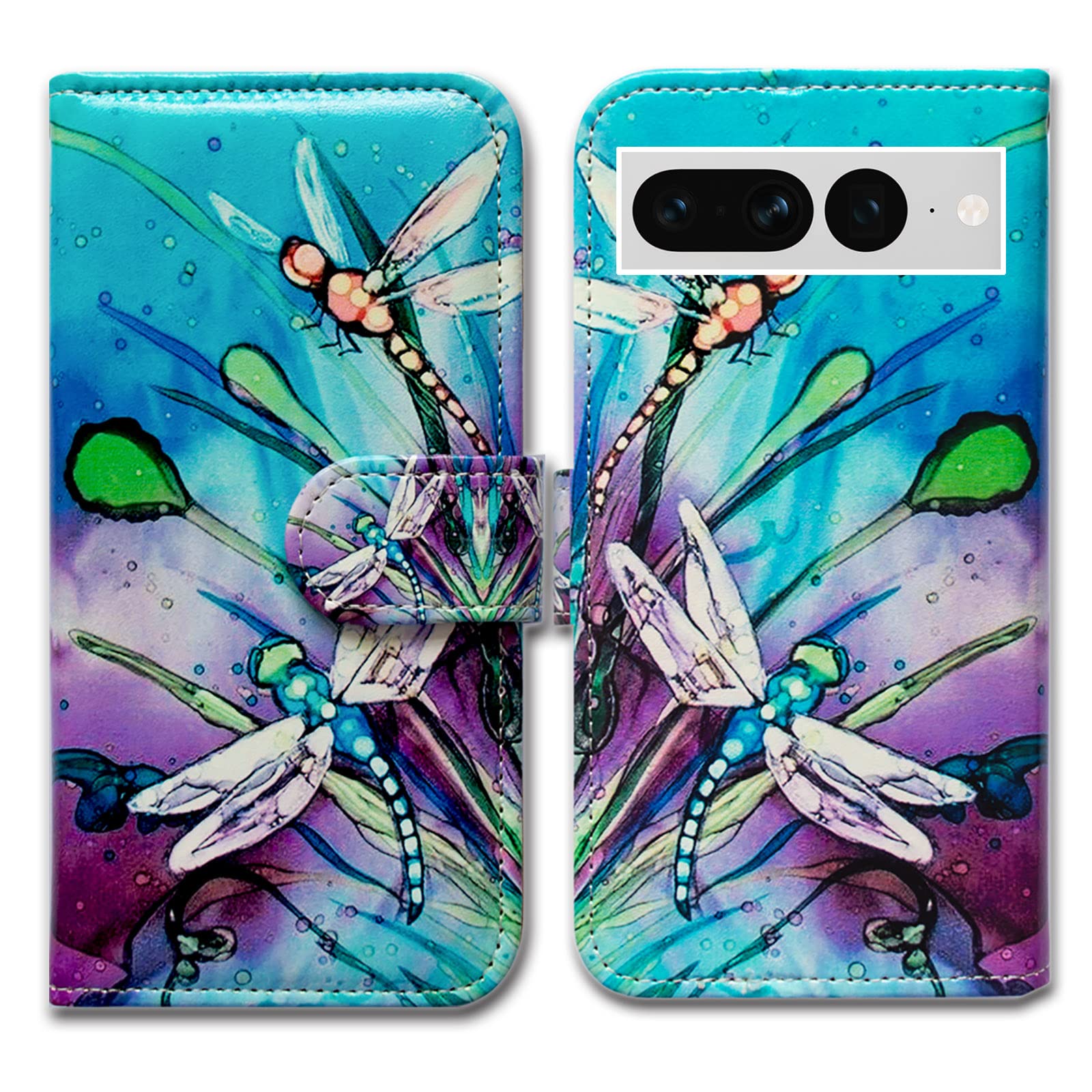 Bcov Pixel 7 Pro Case, Cute Dragonfly Leather Flip Phone Case Wallet Cover with Card Slot Holder Kickstand For Google Pixel 7 Pro