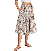 LYANER Women's Boho Print Tiered Ruffle A Line Ruched Elastic Waist with Pockets Midi Skirt