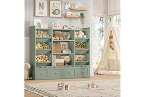 HITHOS 55" W Kids Toy Storage Organizer, Large Toy Box with Bookshelf, Toy Chest with 3 Cubes Storage Organizer, 6 Toy Organizers and Storage Bins, 4 Rolling Drawers for Kids Room, Playroom, Green