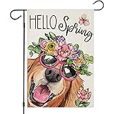 EKOREST Hello Spring Garden Flags for Outside 12x18 Inch Double Sided, Dog with Flowers Hat Small Yard Decoration, Seasonal Summer Anniversary Wedding Decor for Farmhouse Holiday Outdoor