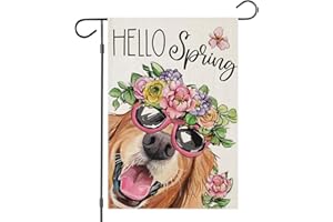 EKOREST Hello Spring Garden Flags for Outside 12x18 Inch Double Sided, Dog with Flowers Hat Small Yard Decoration, Seasonal Summer Anniversary Wedding Decor for Farmhouse Holiday Outdoor