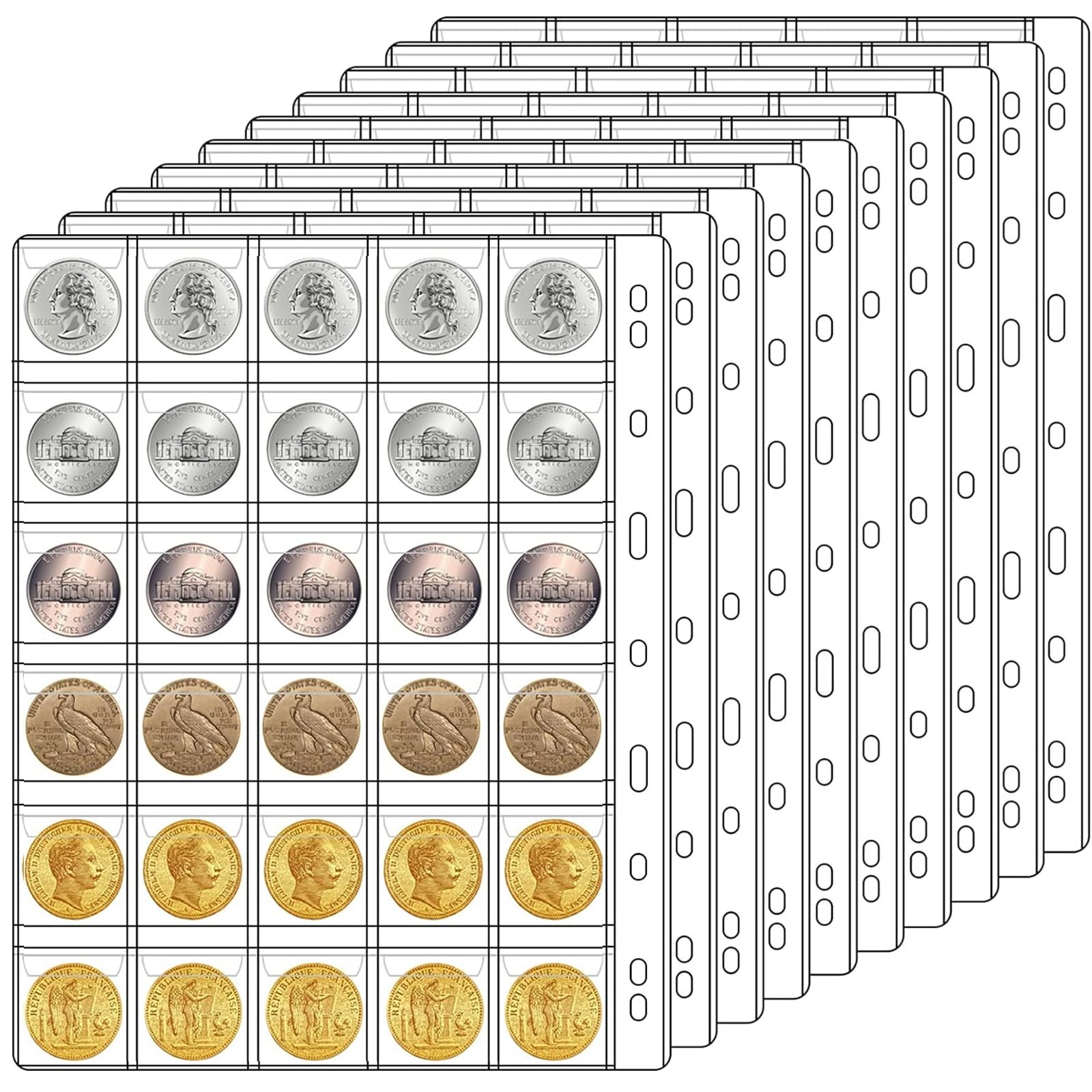 Ettonsun 10 Sheets 30-Pocket Coin Collecting Binders Pages, Coin Collection Supplies Coin Holder Pocket Inserts Collecting Sleeves for Most Coin Collection Album