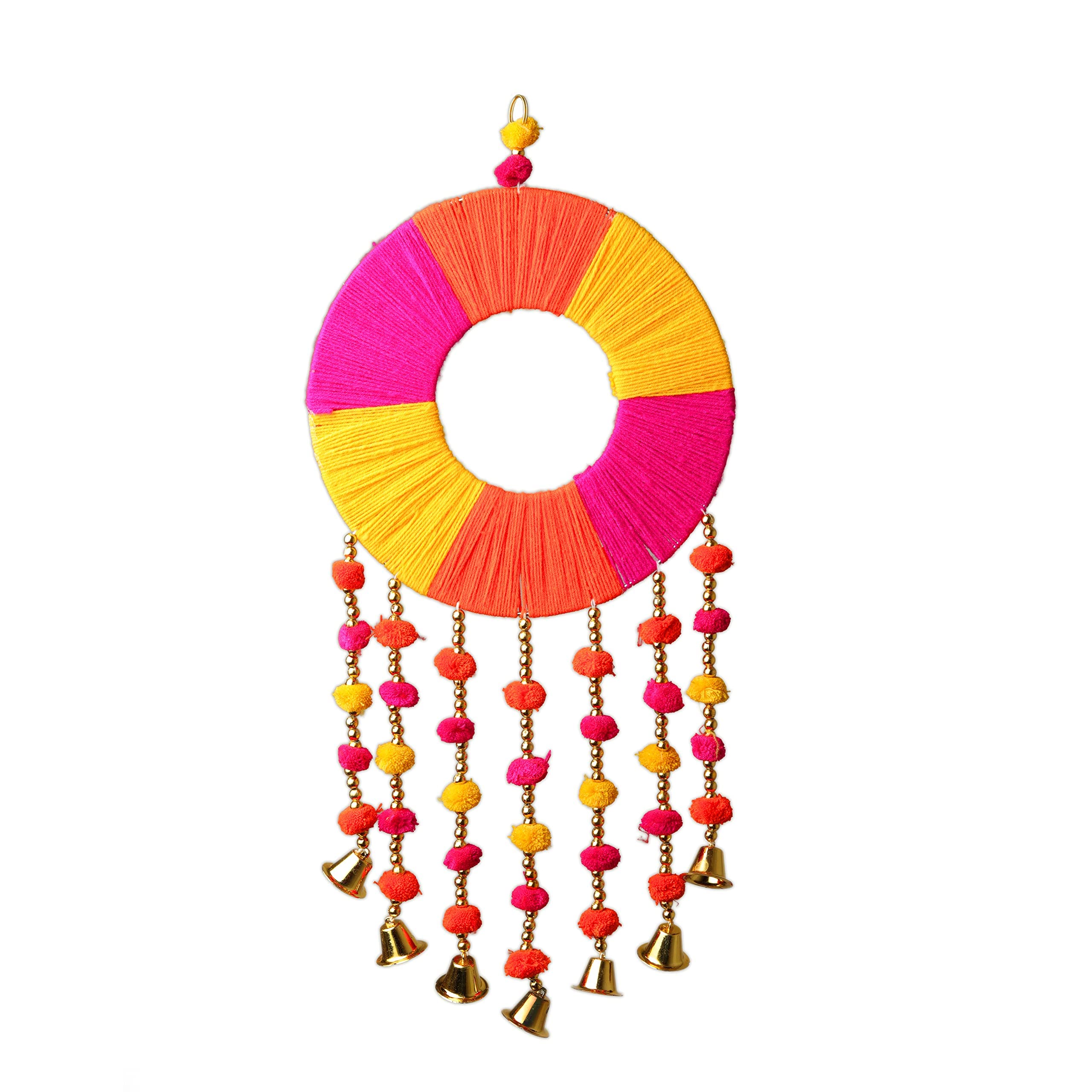 Colorful Ring Wall Door Hanging Jute Ring Chakri Pom Pom Torans with Golden Bells for Home Office Wedding Event Party Anniversary new year Christmas Festive Rajasthani Decoration Items Multicolor