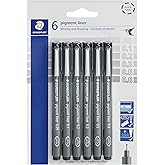 STAEDTLER Pigment Liner Pack, Black, 6 Pens, Assorted Line Widths, 0.05mm, 0.1mm, 0.2mm, 0.3mm, 0.5mm, 0.8mm