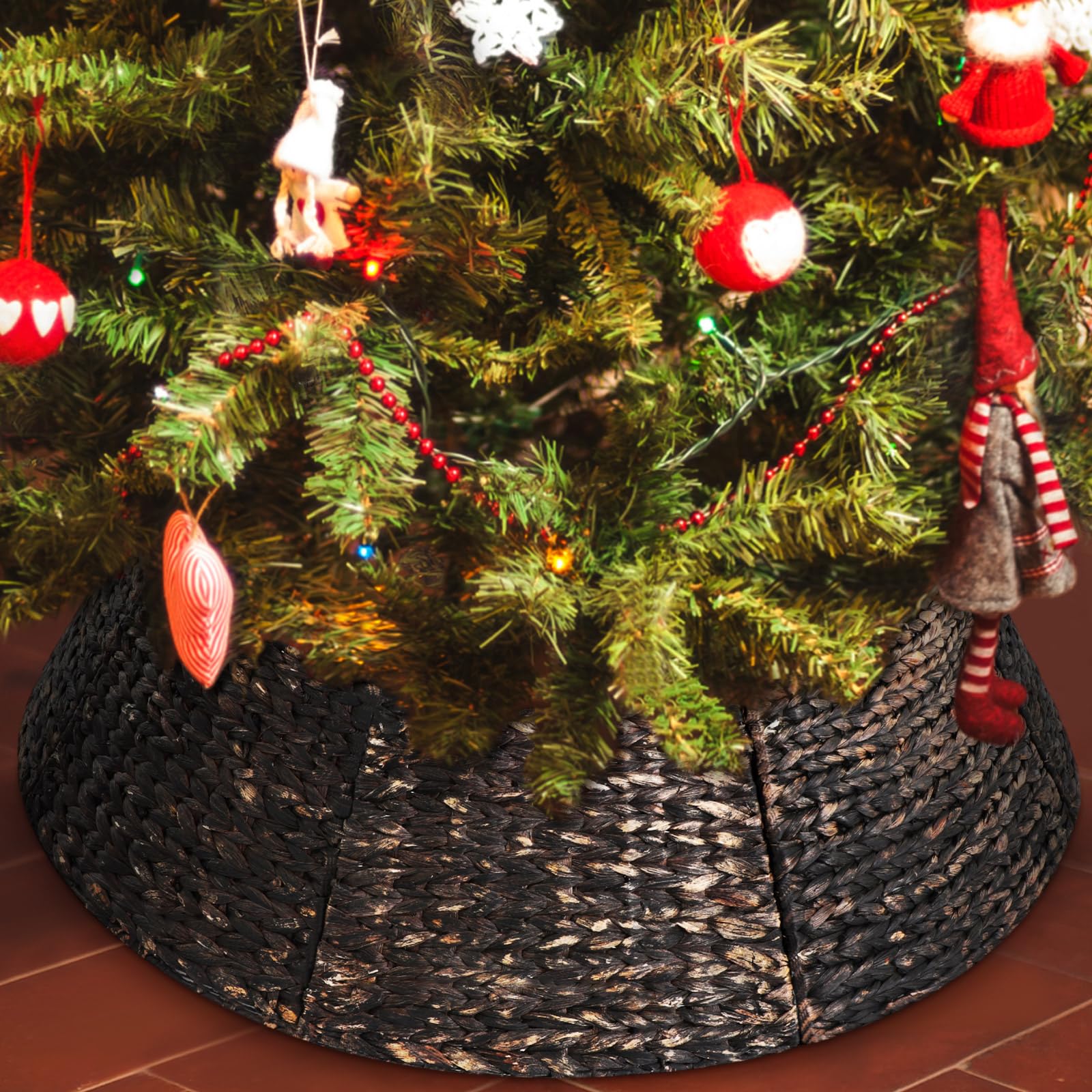 Photo 1 of Liliful Christmas Tree Collar Woven Tree Collar Tree Ring Farmhouse Tree Collar Wicker Rustic Tree Skirt for Christmas Tree Decorations(Dark Brown,42 Inches)