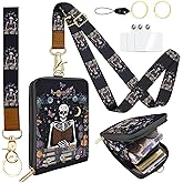 LAOTANGJIA Skeleton Lanyard Wallet with ID Badge Holder PU Leather with 1 Zip Pocket and 3 Card Slots Keychain Phone Lanyard Wrist Strap, RFID Blocking, for Office School Business Security Staff