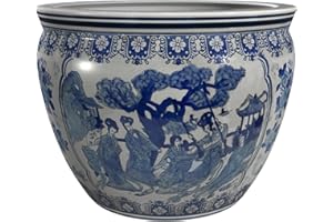 Red Lantern Oriental Furniture 16" Ladies Blue & White Porcelain Fishbowl, Large