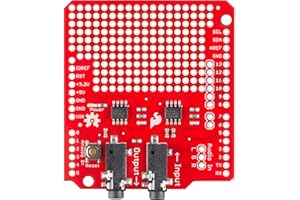 SparkFun Spectrum Shield MSGEQ7 Graphic Equalizer Display Filter populated with Two 1/8" Stereo Jacks, Split Stereo Audio Input into 7 Bands per Channel