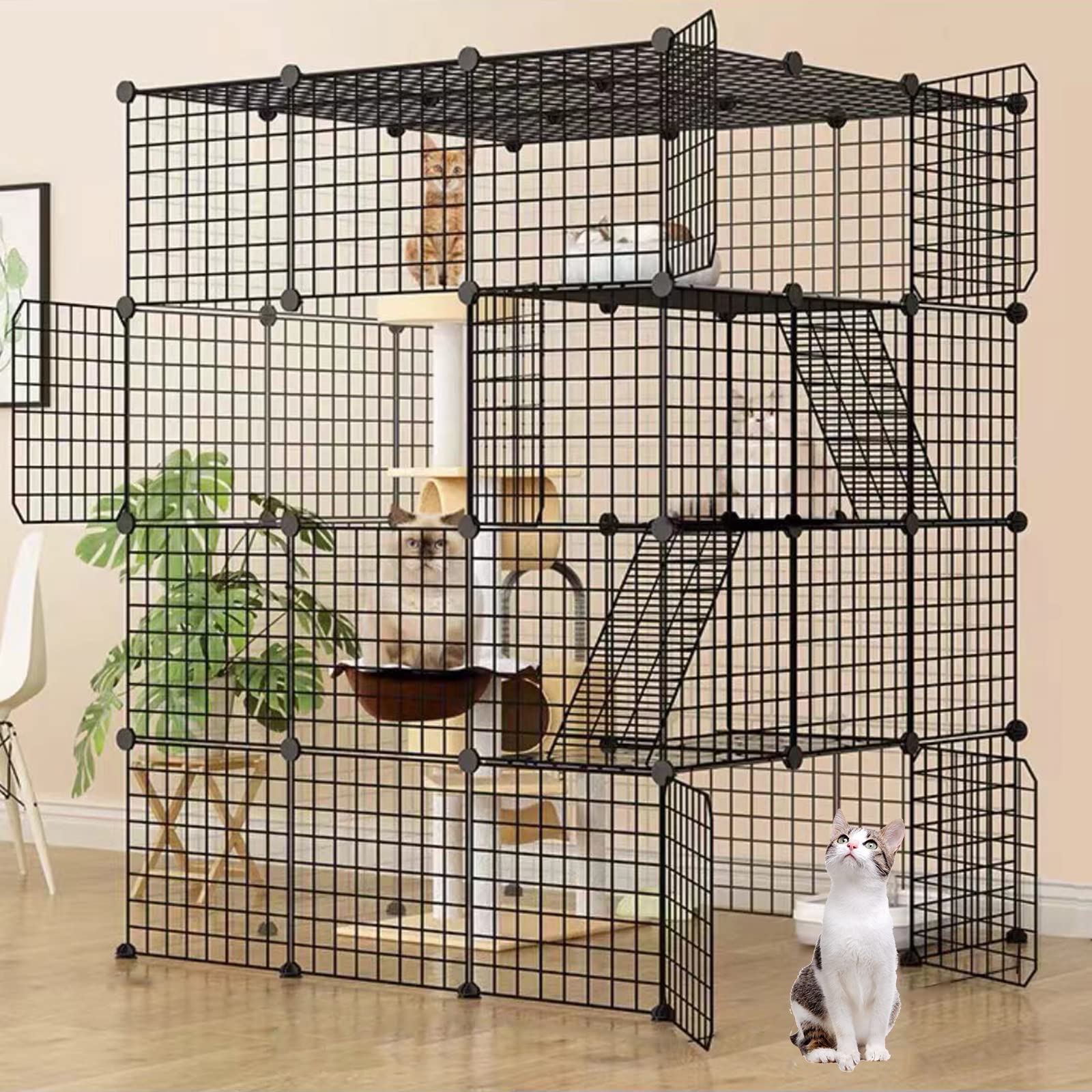 Large 55" Cat Cage Playpen - 4-Tier Metal Enclosure With 10 Platforms, For 1-4 Cats, Kittens, Ferrets, Or Small Pets