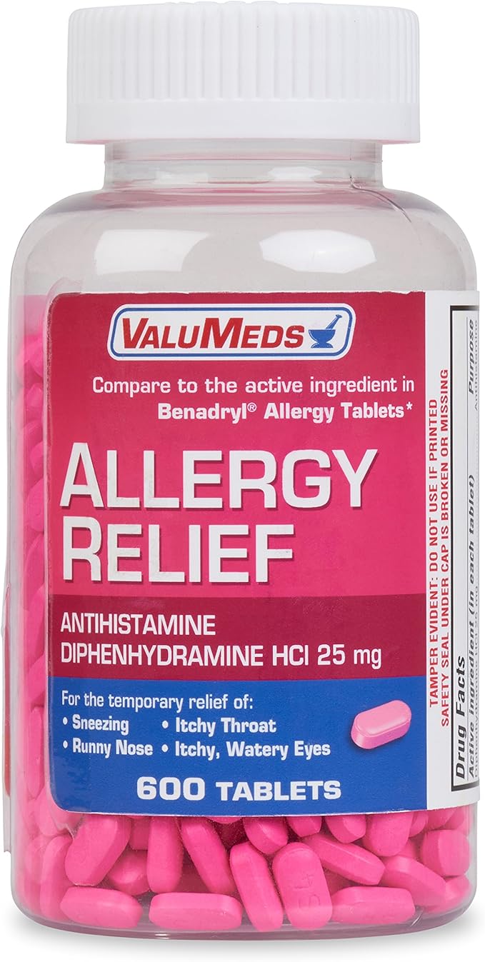 Amazon Com Valumeds Allergy Medicine 600 Tablets Antihistamine Diphenhydramine Hcl 25 Mg Children And Adults Relieve Itchy Eyes Runny Nose Sneezing Health Personal Care
