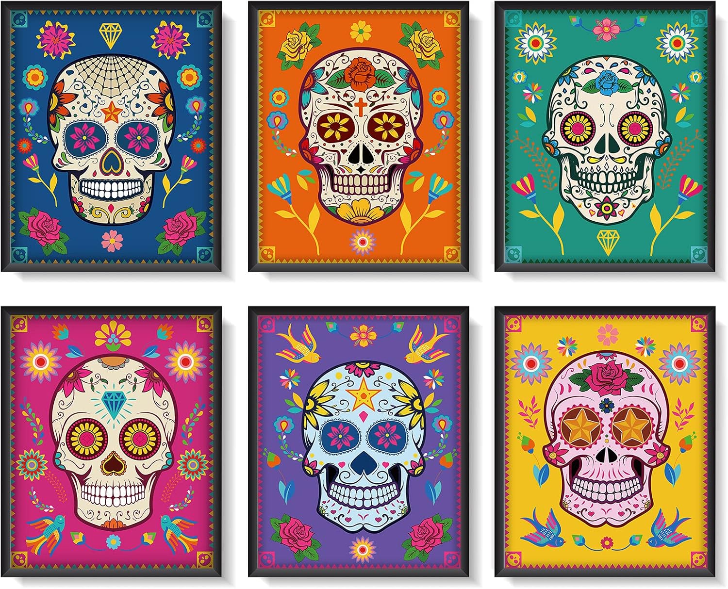 Wall Décor - 6 Pieces Sugar Skull Wall Art Decorations Day of The Dead Poster Decor Mexican Day of The Dead Fiesta Party Sugar Skull Decor Art Prints for Living Room Bedroom Office Home Wall Decor, 8 x 10 Inch