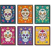 6 Pieces Sugar Skull Wall Art Decorations Day of the Dead Poster Decor Mexican Day of the Dead Fiesta Party Sugar Skull Art Prints for Living Room Bedroom Office Home Wall Decor, 8 x 10 Inch
