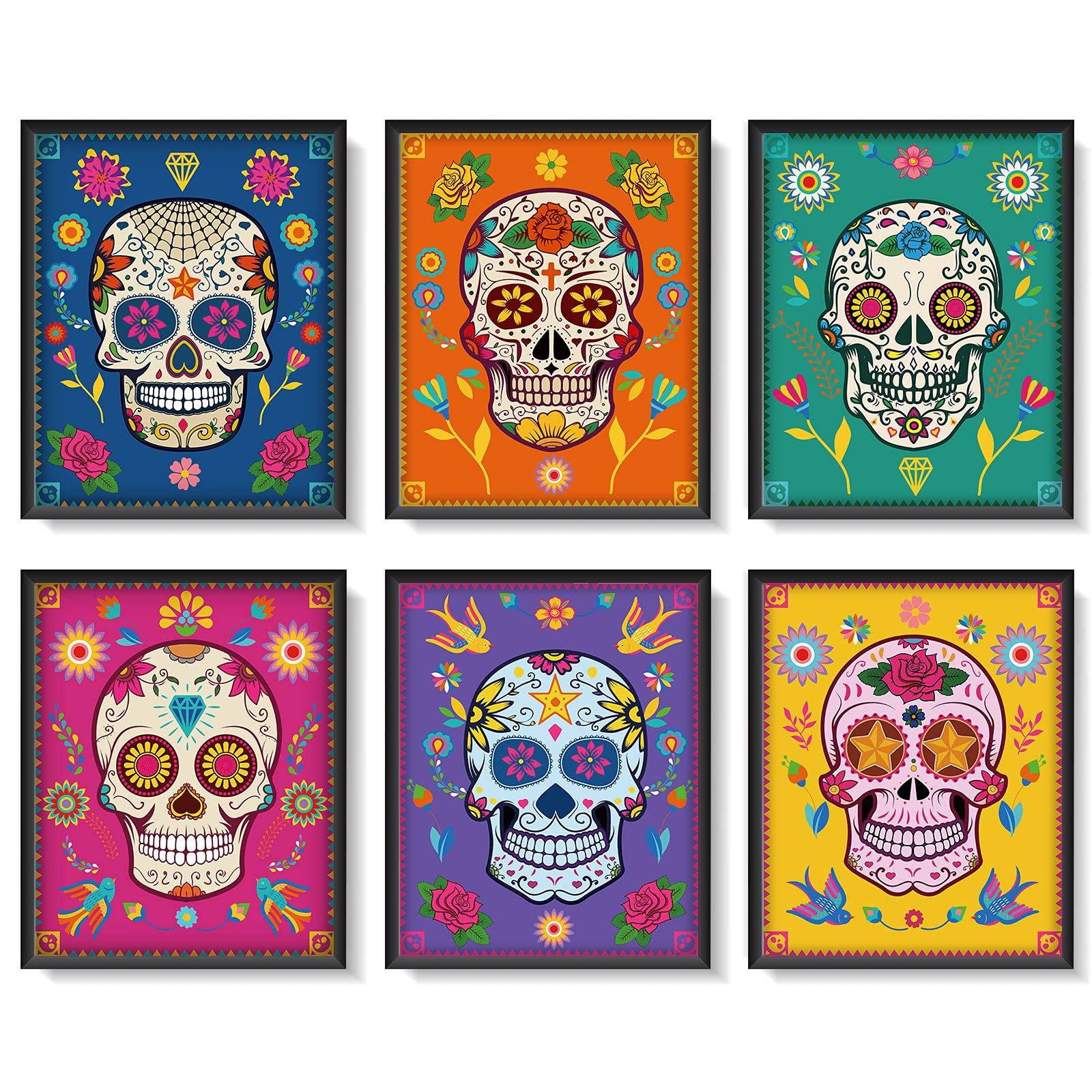 6 Pieces Sugar Skull Wall Art Decorations Day of the Dead Poster Mexican Day of the Dead Fiesta Party Sugar Skull Decor Art Prints for Living Room Bedroom Office Home Wall Decor, 8 x 10 Inch