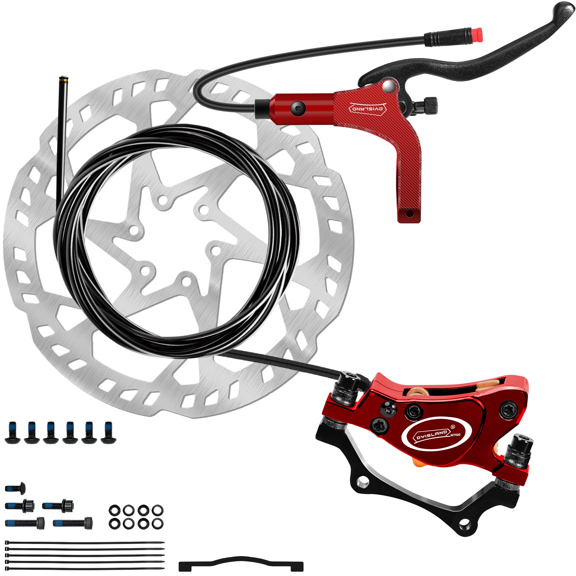 Photo 1 of DYISLAND E-Bike Hydraulic Disc Brake Set 4-Pistons/2-Pistons,2-PIN/3-PIN Pre-Bled with Mineral Oil Brakes Kit,Front and Rear Set,180mm 2.3mm Thick Rotors(Red/2-Pistons/2-PIN/R1850mm/Rear Brake only)