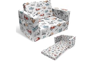 Truwelby Toddler Couch Kids Sofa Children's 2 in 1 Convertible Sofa to Lounger - Extra Soft Flip Open Chair & Sleeper, Truck Excavator Car Printed Toddler Chairs for Boys Girls Couch Bed