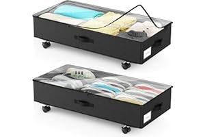 PHINOX Under Bed Storage Containers with Wheels, Under Bed Shoe Storage Bins Organizer with Clear Window Reinforced Handles, Large Underbed Storage Drawer for Clothes, Blankets, Sheet, Bedroom-2 Pack