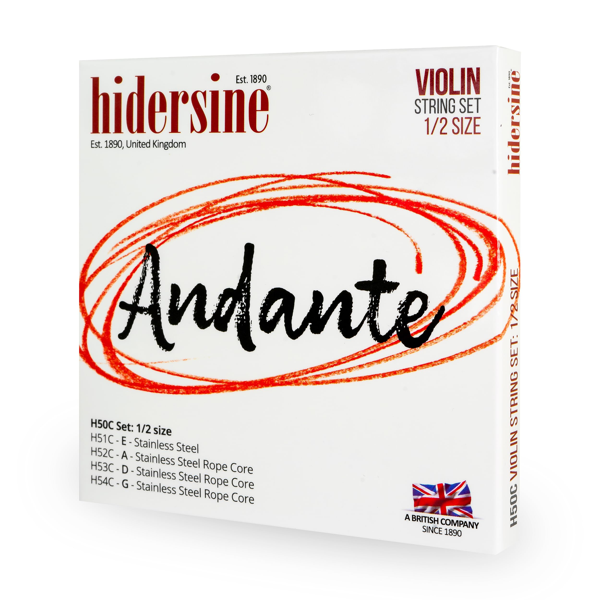 Hidersine Andante Violin Strings SET for 1/2 size. Steel Rope Core for easy playing feel. Great tone and Great Value. Ideal Student Strings for half size Violins. 1 SET of 4 strings.