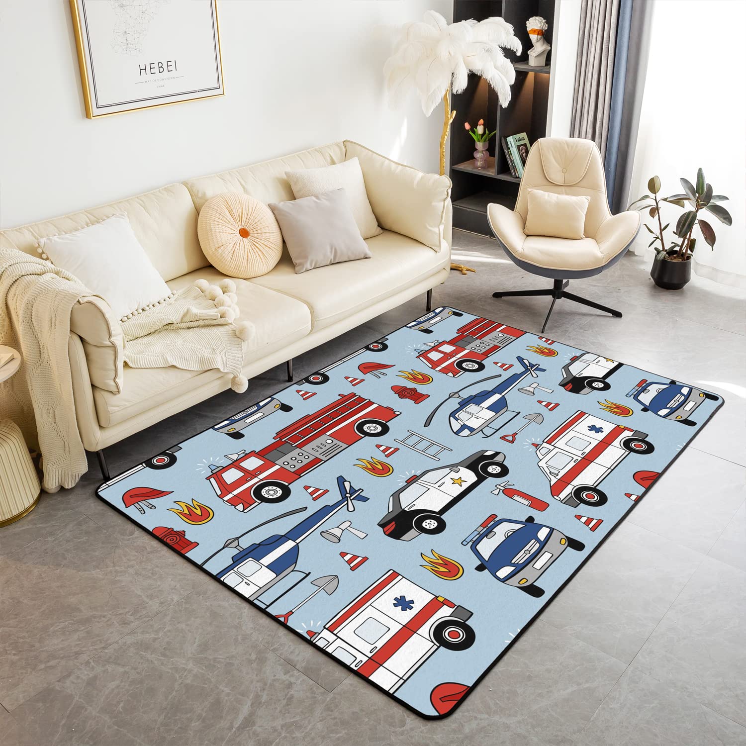 Loussiesd Police Car Area Rug Fire Truck Indoor Floor Mat Kids Teens Policeman Vehicle Rugs for Living Room Bedroom Airplane Pattern Red Blue Accent Rug 150 * 200cm