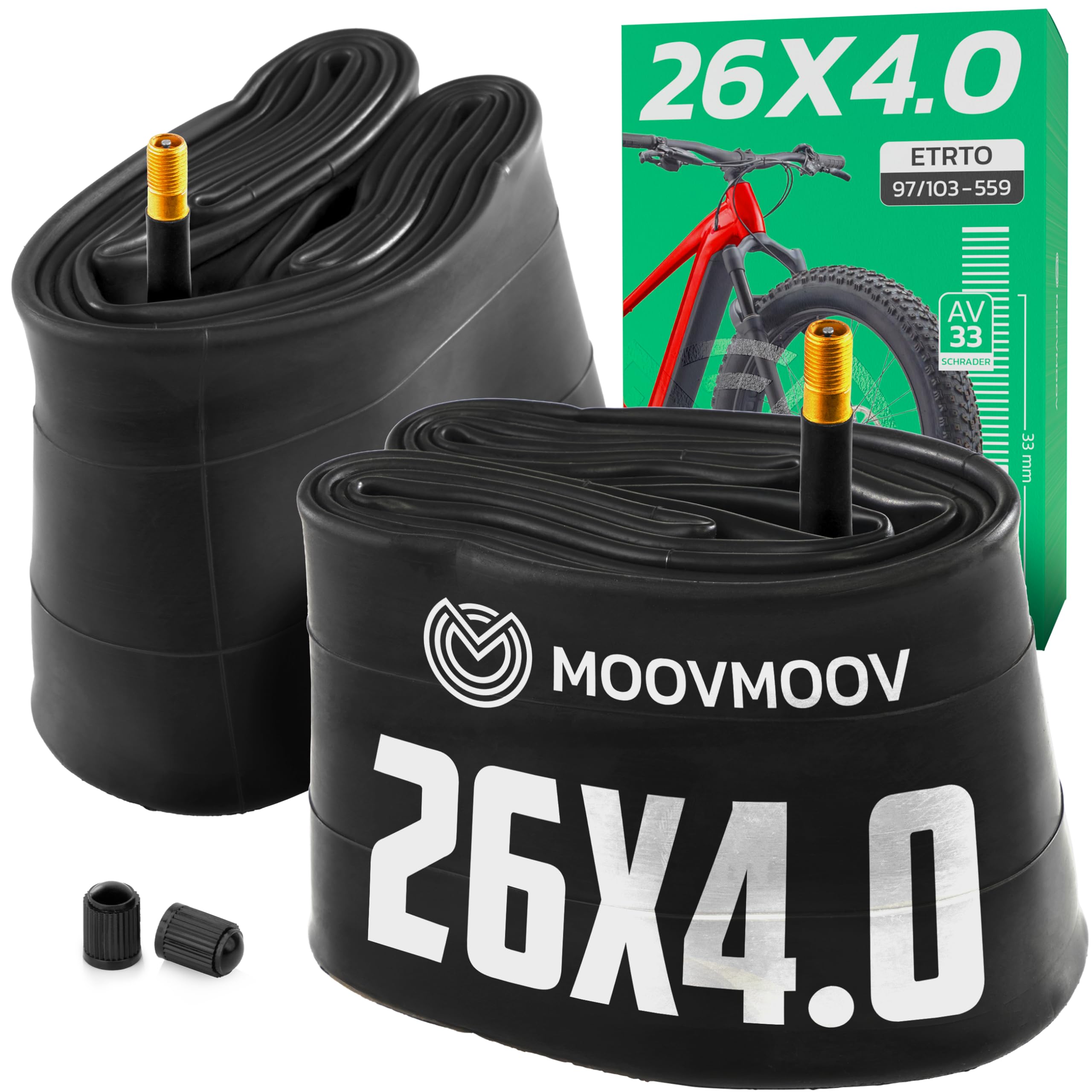 MOOVMOOV 26x4.0 Inner Tube - Pack of 2 - For Fat Bike, MTB Wide Tyres - Sizes 26x4.0 (98-559, 100-559, 102-559) - Extra Wide Wheel
