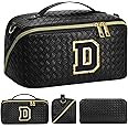 YOOLIFE Cosmetic Bag Personalized Gifts - Initial Makeup Bag Travel Leather Makeup Bag Large Capacity Travel Makeup Case Organizer Makeup Bags Cute Makeup Bag Travel Must Haves Gifts for Women Black D